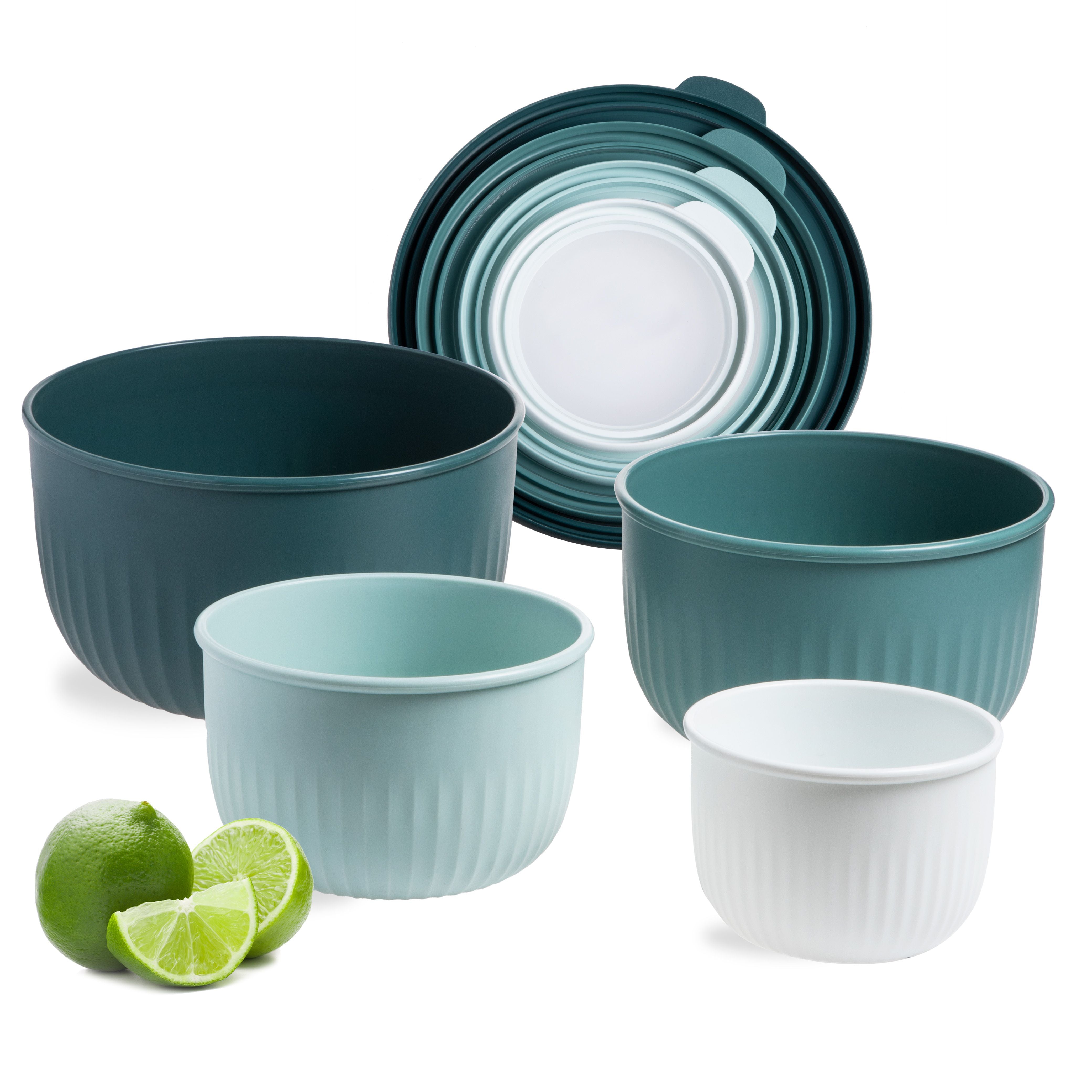 COOK WITH COLOR 4pc Plastic Mixing Bowl Set with Lids (Teal Ombre, 210 ml, 550 ml, 1150 ml, 3500 ml) - Sturdy, Nesting, BPA Free, Dishwasher Safe, Food Safe, Bowls for Cooking and Baking