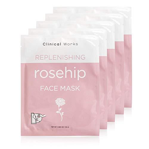 Clinical Works Pack of 5 Rosehip Face Mask Sheets with Hyaluronic Acid, DYI Spa Face Kit, Beauty Sheets, Hydrating Face Sheets for Moisturizing and Hydrating Skin
