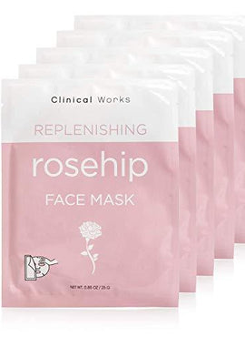 Clinical Works Pack of 5 Rosehip Face Mask Sheets with Hyaluronic Acid, DYI Spa Face Kit, Beauty Sheets, Hydrating Face Sheets for Moisturizing and Hydrating Skin