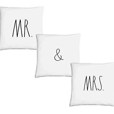 Rae Dunn Set of 3 12Ó Mini Decorative Pillow with MR. & MRS. Embroidered Sentiment, 100% Cotton (Square Pillows)