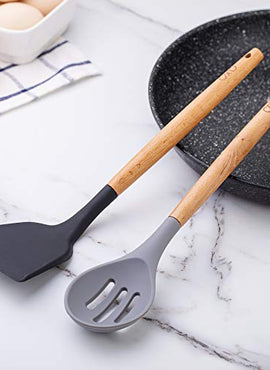 Cook With Color 5 Piece Cooking Utensil Set with Holder, Silicone Kitchen Tools and Gadgets with Wooden Handles, Whisk, Spoon, Spatula, Slotted Turner & Holder (Black and White Collection)