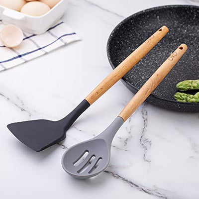 Cook With Color 5 Piece Cooking Utensil Set with Holder, Silicone Kitchen Tools and Gadgets with Wooden Handles, Whisk, Spoon, Spatula, Slotted Turner & Holder (Black and White Collection)