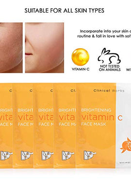 Clinical Works Pack of 5 Brightening Vitamin C Face Sheets, DYI Spa Face Kit, Beauty Sheets, Hydrating Face Sheets for Moisturizing and Hydrating Skin