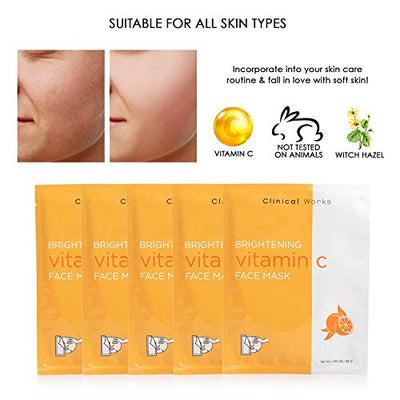 Clinical Works Pack of 5 Brightening Vitamin C Face Sheets, DYI Spa Face Kit, Beauty Sheets, Hydrating Face Sheets for Moisturizing and Hydrating Skin