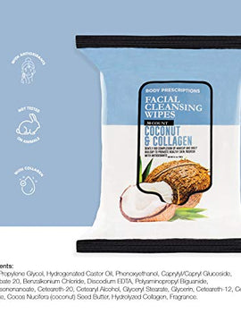 Body Prescriptions 2 Pack (30 Count Each) Coconut and Collagen Facial Cleansing and Gentle Make Up Remover Wipes