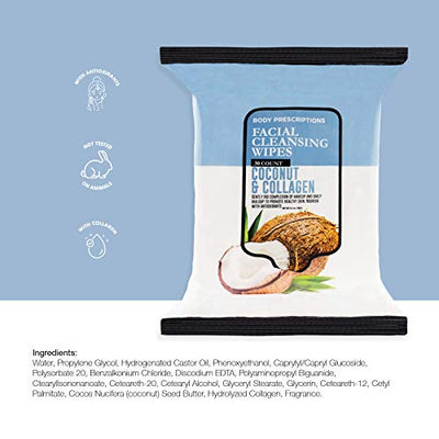 Body Prescriptions 2 Pack (30 Count Each) Coconut and Collagen Facial Cleansing and Gentle Make Up Remover Wipes