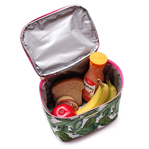 Ellen Tracy Reusable Insulated Soft Rectangle Lunch Box/Tote with Zipper for Woman and Teens (Leaf Print with Hot Pink Handles)