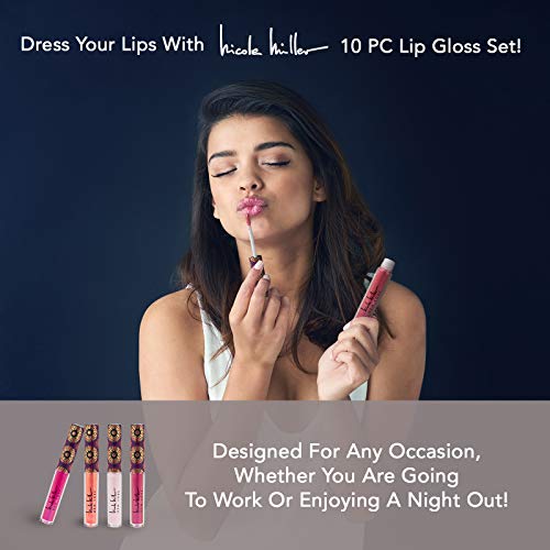 Nicole Miller 10 Pc Lip Gloss Collection, Shimmery Lip Glosses for Women and Girls, Long Lasting Color Lip Gloss Set with Rich Varied Colors