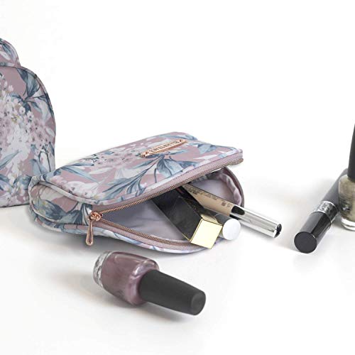 Ellen Tracy 3 Pc Cosmetic Bag Set, Purse Size Makeup Bag for Women, Toiletry Travel Bag, Makeup Organizer, Zippered Pouch Set, Large, Medium, Small (Pale Pink & Green Flower Print)