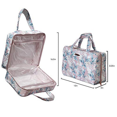 Ellen Tracy Makeup Bag, Travel and Toiletry Bag, Large Cosmetic Bag with Zippered, Transparent Pockets and Handles, Foldable Makeup Bag for Home and Travel (Pale Pink & Green Flower Print)