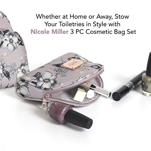 Nicole Miller 3 Pc Cosmetic Bag Set, Purse Size Makeup Bag for Women, Toiletry Travel Bag, Makeup Organizer, Cosmetic Bag for Girls Zippered Pouch Set, Large, Medium, Small (Pale Pink Floral)
