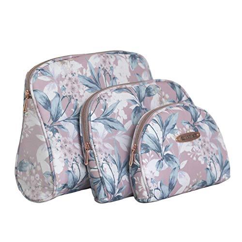 Ellen Tracy 3 Pc Cosmetic Bag Set, Purse Size Makeup Bag for Women, Toiletry Travel Bag, Makeup Organizer, Zippered Pouch Set, Large, Medium, Small (Pale Pink & Green Flower Print)