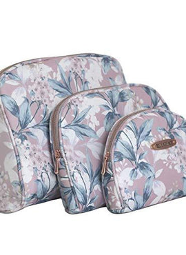 Ellen Tracy 3 Pc Cosmetic Bag Set, Purse Size Makeup Bag for Women, Toiletry Travel Bag, Makeup Organizer, Zippered Pouch Set, Large, Medium, Small (Pale Pink & Green Flower Print)
