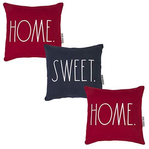 Rae Dunn Set of 3 12Ó Mini Decorative Pillow with Home Sweet Home Embroidered Sentiment, Red and Blue Throw Pillows, 100% Cotton (Square Pillows)