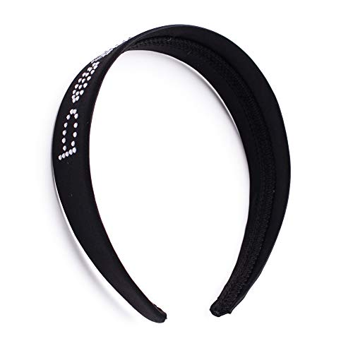 Bebe Logo Headband Wide Black Satin Hair Band with Crystal Design and Teeth Fashionable Hair Accessories for Women and Girls