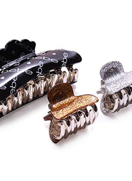Bebe Hair Clips, Squeeze Claw Clips for Hair, Set of Hair Clamp, Set of Three Assorted Hair Clips for Women and Girls ( 1 x Medium bebe Logo Clip, 2 x Small Silver & Gold Glitter Clips)