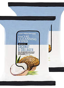 Body Prescriptions 2 Pack (30 Count Each) Coconut and Collagen Facial Cleansing and Gentle Make Up Remover Wipes