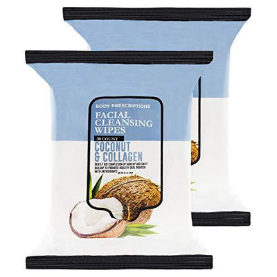 Body Prescriptions 2 Pack (30 Count Each) Coconut and Collagen Facial Cleansing and Gentle Make Up Remover Wipes