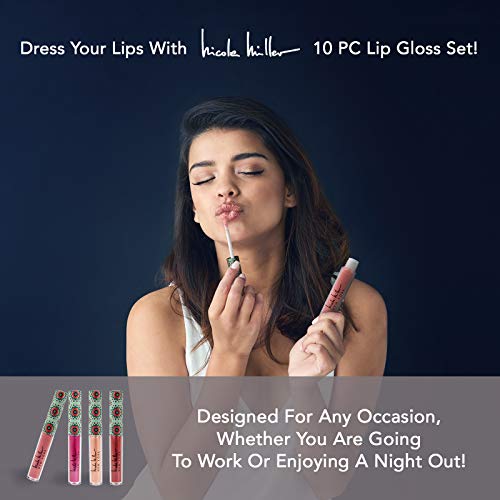 Nicole Miller 10 Pc Lip Gloss Collection, Shimmery Lip Glosses for Women and Girls, Long Lasting Color Lip Gloss Set with Rich Varied Colors