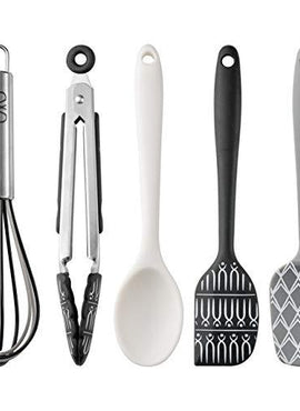 Cook With Color Set of Five MINI Kitchen Utensil Set - Silicone Kitchen Tools, Whisk, Tong, Spatula, Spoonula and Spoon (Black and White Collection)