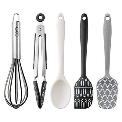 Cook With Color Set of Five MINI Kitchen Utensil Set - Silicone Kitchen Tools, Whisk, Tong, Spatula, Spoonula and Spoon (Black and White Collection)