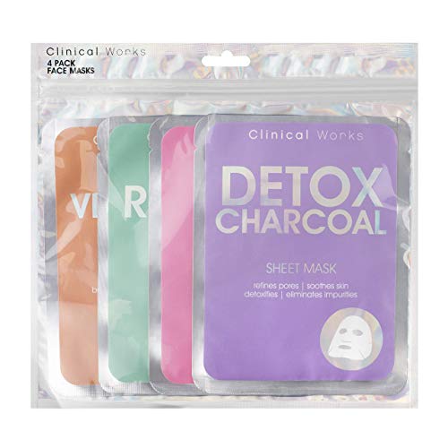 Clinical Works 4 Pack Face Mask Variety Pack, Face Sheet Masks Set Detox Charcoal, Retinol, Tea Tree & Vitamin C Face Mask Kit and Gift Set for Brightening and Exfoliating Skin, Facial Masks for Women