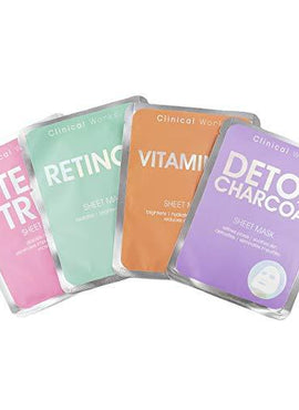 Clinical Works 4 Pack Face Mask Variety Pack, Face Sheet Masks Set Detox Charcoal, Retinol, Tea Tree & Vitamin C Face Mask Kit and Gift Set for Brightening and Exfoliating Skin, Facial Masks for Women