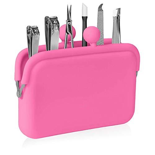 Beauty Concepts Manicure Set, 6 Piece Travel Manicure Set in Rubber Clutch, Manicure and Pedicure Tool Set with 2 Nail Clippers, Nail Scissors, Nail Filer, Tweezer and Cuticle Pusher (Baby Pink)