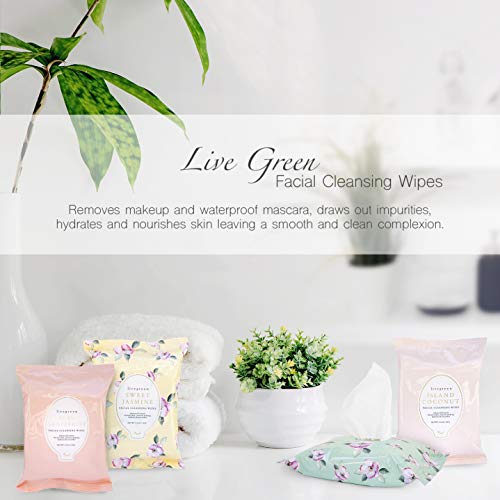 Live Green Facial Cleansing Wipes, 4 Assorted Packs, 30 Wipes Each Pack, Sweet Jasmine, Island Coconut, Rose Gardenia, Pink Grapefruit Fragrances