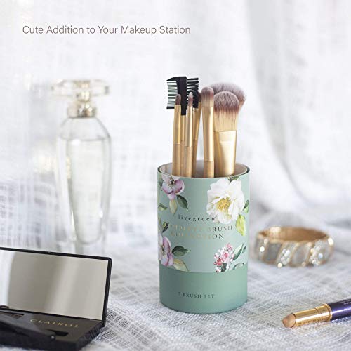 Live Green Makeup Brush Collection, 7 Piece Makeup Brush Gift Set, Powder Brush, Foundation Brush, Eye Shadow Brush, Concealer Brush, Eyeliner Brush, Angled Eye Shadow Brush and Duo Brow Comb Brush