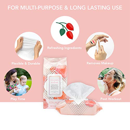 Clinical Works Makeup Remover Wipes, Gentle Facial Wipes Removes Makeup Mascara Dirt and Oil, Flip Top Pack (Collagen & Rosehip)