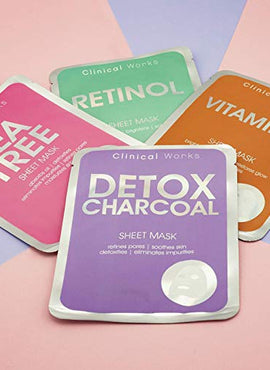Clinical Works 4 Pack Face Mask Variety Pack, Face Sheet Masks Set Detox Charcoal, Retinol, Tea Tree & Vitamin C Face Mask Kit and Gift Set for Brightening and Exfoliating Skin, Facial Masks for Women