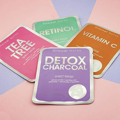 Clinical Works 4 Pack Face Mask Variety Pack, Face Sheet Masks Set Detox Charcoal, Retinol, Tea Tree & Vitamin C Face Mask Kit and Gift Set for Brightening and Exfoliating Skin, Facial Masks for Women
