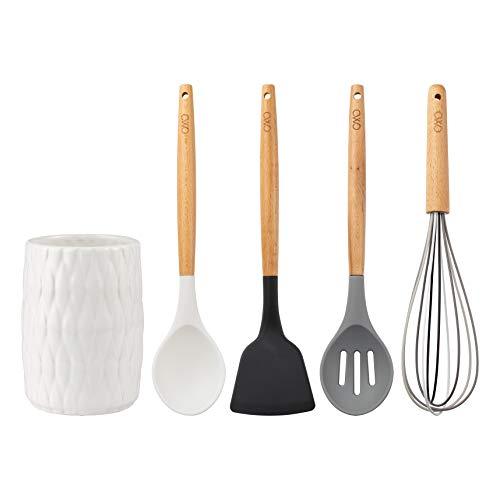 Cook With Color 5 Piece Cooking Utensil Set with Holder, Silicone Kitchen Tools and Gadgets with Wooden Handles, Whisk, Spoon, Spatula, Slotted Turner & Holder (Black and White Collection)