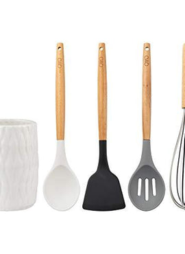 Cook With Color 5 Piece Cooking Utensil Set with Holder, Silicone Kitchen Tools and Gadgets with Wooden Handles, Whisk, Spoon, Spatula, Slotted Turner & Holder (Black and White Collection)