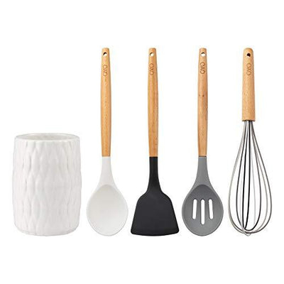 Cook With Color 5 Piece Cooking Utensil Set with Holder, Silicone Kitchen Tools and Gadgets with Wooden Handles, Whisk, Spoon, Spatula, Slotted Turner & Holder (Black and White Collection)