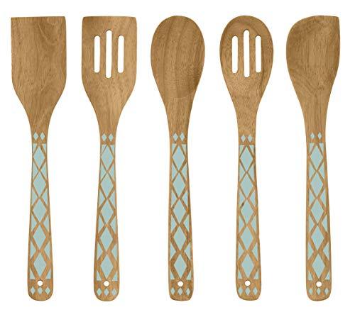 Country Kitchen 5 Piece Nonstick Utensil Set Acacia Wooden Kitchen Tools for Serving and Healthy Cooking with Black Inlay Design