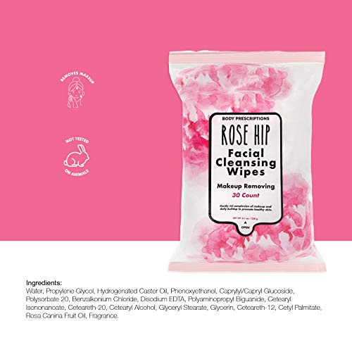 Body Prescriptions 2 Pack (30 Count Each) Rosehip Facial Cleansing and Gentle Make Up Remover Wipes