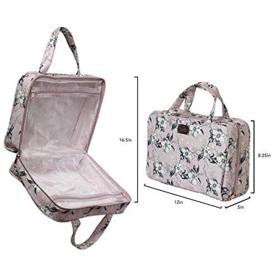 Nicole Miller Makeup Bag, Travel and Toiletry Bag, Large Cosmetic Bag with Zippered, Transparent Pockets and Handles, Foldable Makeup Bag for Home and Travel (Pale Pink Flower Print)