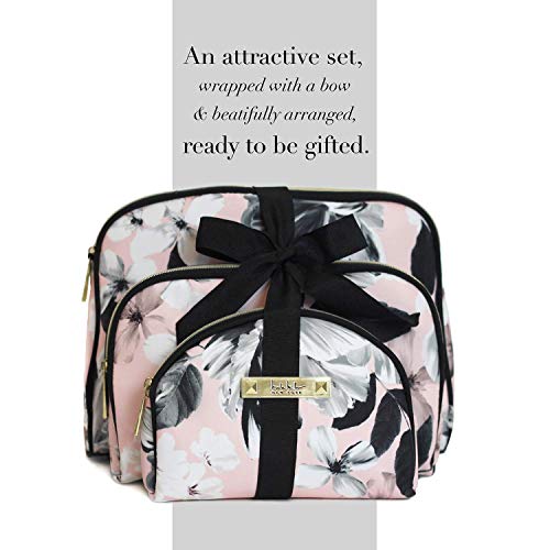 Nicole Miller 3 Pc Cosmetic Bag Set, Purse Size Makeup Bag for Women, Toiletry Travel Bag, Makeup Organizer, Zippered Pouch Set, Large, Med, Small (Pale Pink & Black Floral Print)