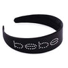 Bebe Logo Headband Wide Black Satin Hair Band with Crystal Design and Teeth Fashionable Hair Accessories for Women and Girls