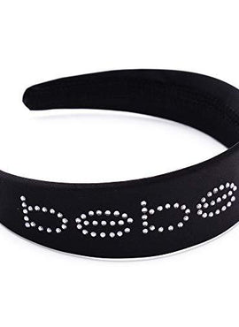 Bebe Logo Headband Wide Black Satin Hair Band with Crystal Design and Teeth Fashionable Hair Accessories for Women and Girls
