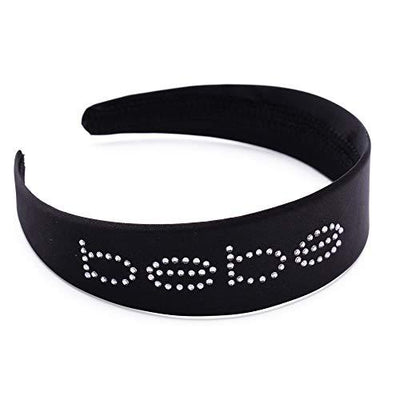 Bebe Logo Headband Wide Black Satin Hair Band with Crystal Design and Teeth Fashionable Hair Accessories for Women and Girls