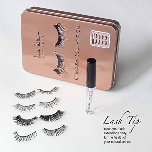 Nicole Miller Faux Eyelash Collection with Lash Glue in Tin Case, Set of Four False Lashes (Rose Gold Tin)