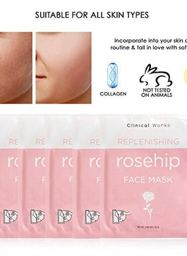 Clinical Works Pack of 5 Rosehip Face Mask Sheets with Hyaluronic Acid, DYI Spa Face Kit, Beauty Sheets, Hydrating Face Sheets for Moisturizing and Hydrating Skin