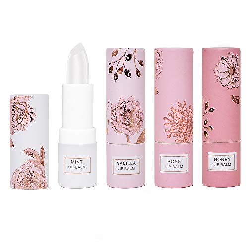 Nicole Miller 4 Pack Moisturizing Lip Balm Collection, Lip Softening Gift Set, Perfect Gift for Women and Girls (Mint, Vanilla, Rose, and Honey)