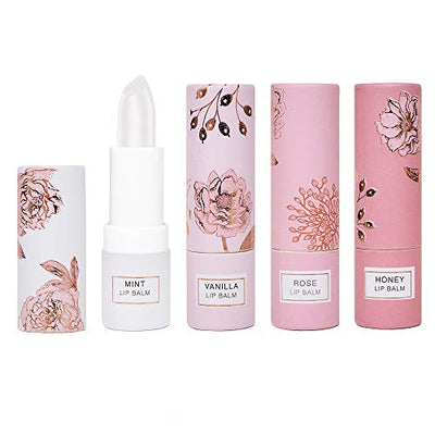 Nicole Miller 4 Pack Moisturizing Lip Balm Collection, Lip Softening Gift Set, Perfect Gift for Women and Girls (Mint, Vanilla, Rose, and Honey)