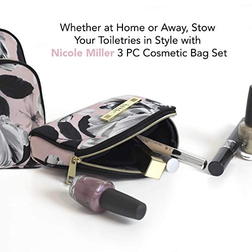 Nicole Miller 3 Pc Cosmetic Bag Set, Purse Size Makeup Bag for Women, Toiletry Travel Bag, Makeup Organizer, Zippered Pouch Set, Large, Med, Small (Pale Pink & Black Floral Print)