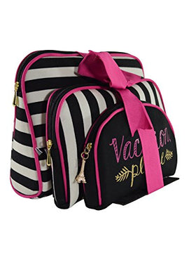 Once Upon A Rose 3 Pc Cosmetic Bag Set, Purse Size Makeup Bag for Women, Toiletry Travel Bag, Makeup Organizer, Cosmetic Bag for Girls Zippered Pouch Set, Large, Medium, Small (Vacation Please)