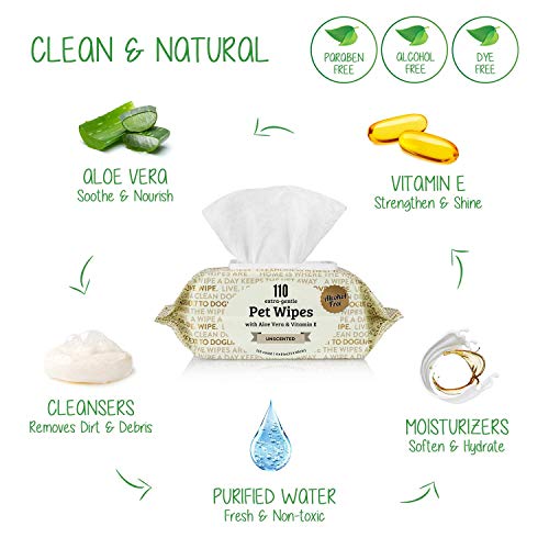 Precious Tails Pet Wipes (110 Count) - Extra Gentle Deodorizing Dog Grooming Wipes with Aloe Vera and Vitamin E - Unscented (Sayings on Packaging)